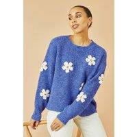 Yumi Women's Blue Relaxed Jumper With Crochet Flowers | Size: Large