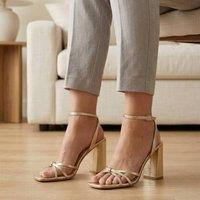Truffle Collection Women's Heeled Open Toe Sandals Buckle Strap PU Stiletto Heel Summer Shoes in Gold | Size: 8