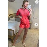 CY Women's Velvet Zip-Up Hoodie & Low Waist Shorts Co-Ord Set in Coral | Size: Medium