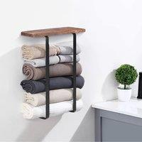 H&O Direct Black Metal Wall-Mounted Towel Rack with Brown Wooden Shelf