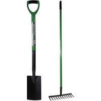 BARGAINS-GALORE 2pc Garden Digging Shovel & Rake Tool Steel Gardening Soil Spade Set in Green