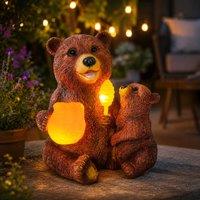 Marco Paul Solar Mama Bear & Cub Hand Painted Garden Statue 22cm in Brown