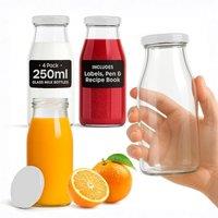 volila 4 Pack Reusable Glass Milk Bottles 250ml with Lids, Labels & Pen in White