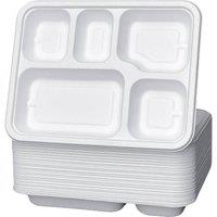 ECONX 5 Compartment Deep Rectangle Bagasse Plates Disposable Food Plate Tray in White | Size: 50 Pieces