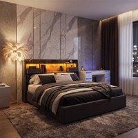 FENCHILIN Upholstered LED Bed Frame with Hydraulic Storage, Charging, Pockets in Grey | Size: King