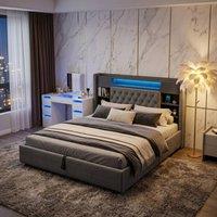 FENCHILIN LED Bed Frame Upholstered with Hydraulic Storage, Charging Station in Grey | Size: King