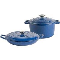 Argon Tableware 2pc Cast Iron Casserole Dish Set with Self-Basting Lids 2.3L & 4.68L in Blue