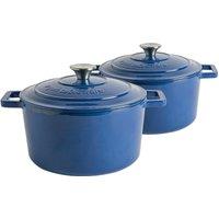 Argon Tableware 2x Round Cast Iron Casserole Dishes with Self-Basting Lid 4.5L in Navy