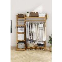 Neo Bamboo Garment Rack, Clothes Rack with Storage Shelf, Hanging Rail & Side Hooks for Entryway, Bedroom, Bathroom & Office, Natural in Light Brown