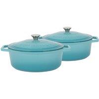 Argon Tableware 2x Oval Cast Iron Casserole Dishes with Self Basting Lid - 4.68L in Teal
