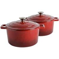 Argon Tableware 2x Round Cast Iron Casserole Dishes with Self-Basting Lid 4.5L in Red