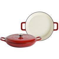 Argon Tableware 2x Shallow Cast Iron Casserole Dishes with Self-Basting Lid 2.3L in Red