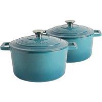 Argon Tableware 2x Round Cast Iron Casserole Dishes with Self-Basting Lid 4.5L in Teal