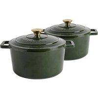 Argon Tableware 2x Round Cast Iron Casserole Dishes with Self-Basting Lid 4.5L in Green