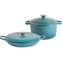 Argon Tableware 2pc Cast Iron Casserole Dish Set with Self-Basting Lids 2.3L & 4.68L in Teal