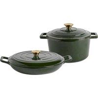 Argon Tableware 2pc Cast Iron Casserole Dish Set with Self-Basting Lids 2.3L & 4.68L in Green