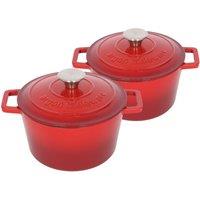 Argon Tableware 2x Round Cast Iron Casserole Dishes with Self Basting Lid - 2.8L in Red