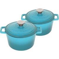 Argon Tableware 2x Round Cast Iron Casserole Dishes with Self Basting Lid - 2.8L in Teal