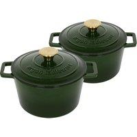 Argon Tableware 2x Round Cast Iron Casserole Dishes with Self Basting Lid - 2.8L in Green