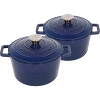 Argon Tableware 2x Round Cast Iron Casserole Dishes with Self Basting Lid - 2.8L in Blue