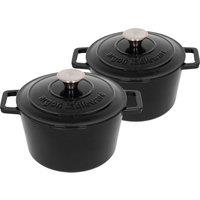 Argon Tableware 2x Round Cast Iron Casserole Dishes with Self Basting Lid - 2.8L in Black