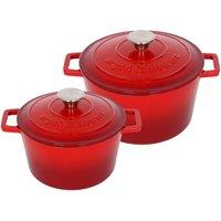 Argon Tableware 2pc Round Cast Iron Casserole Dish Set - 2.8L / 4.5L Cookware with Lid in Red