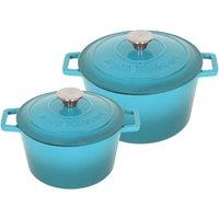 Argon Tableware 2pc Round Cast Iron Casserole Dish Set - 2.8L / 4.5L Cookware with Lid in Teal