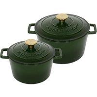 Argon Tableware 2pc Round Cast Iron Casserole Dish Set - 2.8L / 4.5L Cookware with Lid in Green