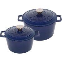 Argon Tableware 2pc Round Cast Iron Casserole Dish Set - 2.8L / 4.5L Cookware with Lid in Navy