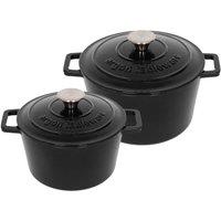 Argon Tableware 2pc Round Cast Iron Casserole Dish Set - 2.8L / 4.5L Cookware with Lid in Black