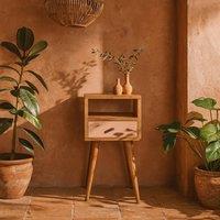 Wyld Haus Sainte Marie Mini Blush Bedside Table Hand Painted Drawer Open Shelf in Brown