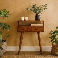 Wyld Haus Venzone Mini Console Table Chestnut Mango Wood 2 Drawers Open Shelf in Brown