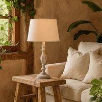 Wyld Haus Milan Distressed Grey Farmhouse Carved Wooden Table Lamp Linen Shade in Beige | Size: 13 inches