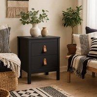 Wyld Haus Wildberry Matt Black Bedside Table 2 Drawers Leather Strap Handles