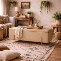 Wyld Haus Elowen Rectangle Storage Ottoman Bench Cream Velvet Brushed Gold Legs in Beige