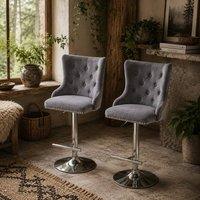 Wyld Haus Recoco Grey Velvet Feel Adjustable Swivel Bar Stools Set of 2 Tufted