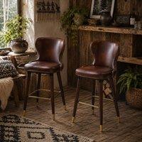 Wyld Haus Halotti Faux Leather Brown Bar Stools Set of 2 Back Support & Wooden
