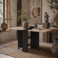 Wyld Haus Toelka Oak Tone & Black Drop Leaf Dining Table Shelves & Castors