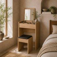 Wyld Haus Nolena Wood Effect Vanity Desk Flip Mirror Storage & Cushioned Stool in Light Oak