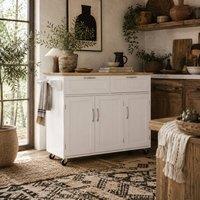 Wyld Haus Nave White Wooden Kitchen Island 2 Drawers 2 Cabinets Rubberwood Top