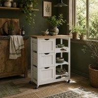 Wyld Haus Compact White Rolling Kitchen Island Natural Rubberwood Top