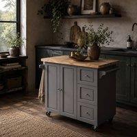 Wyld Haus Grey Rolling Kitchen Island With Rubberwood Top Drop Leaf Drawers