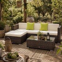Wyld Haus Milo Brown 4 Seater Rattan Corner Sofa Set with Cream Cushions