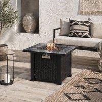 Wyld Haus Halu Black Rattan Style Square Gas Fire Pit Table Marble Effect Top