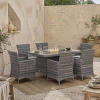 Wyld Haus Ravezi Grey Rattan 6 Seater Garden Dining Set with Fire Pit Table