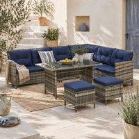 Wyld Haus Rarapa Dark Blue 7 Seater Rattan Garden Sofa Set Glass Table and