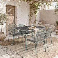 Wyld Haus Rolapa 4 Seater Outdoor Rattan Dining Set Glass Table Stackable Chairs in Light Grey