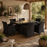 Wyld Haus Lemadi Rattan 6Seater Outdoor Dining Set with Fire Pit Table in Black