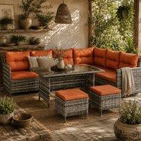 Wyld Haus Tasu 7 Seater Orange & Grey Rattan Outdoor Corner Sofa Set Cushions