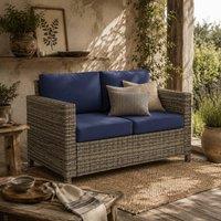 Wyld Haus Vata 2 Seater Rattan Outdoor Sofa Mixed Grey Frame with Navy Cushions